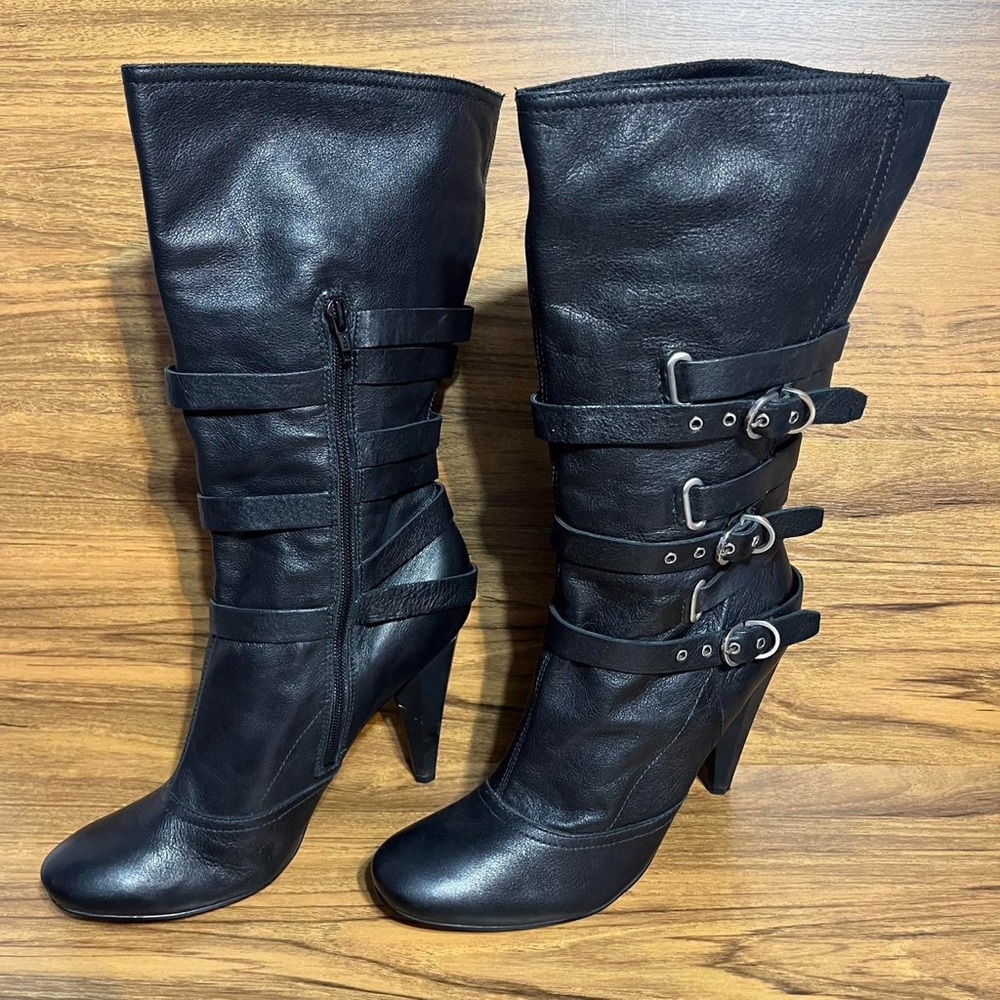 Nine West black leather heeled moto triple buckle heeled boots sexy zip up rock